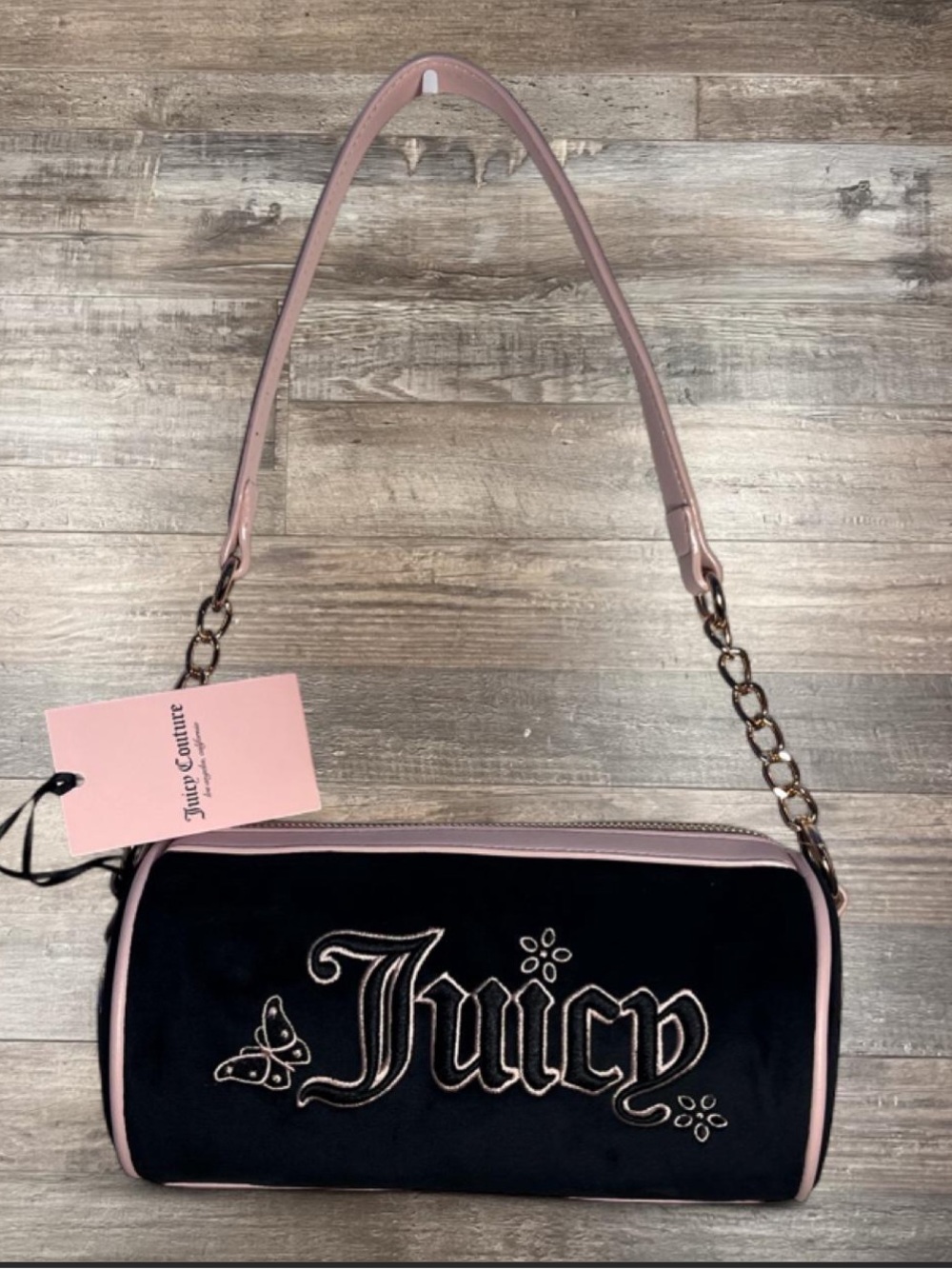 Juicy Couture Black Velvet Shoulder Bag with Pink Trim